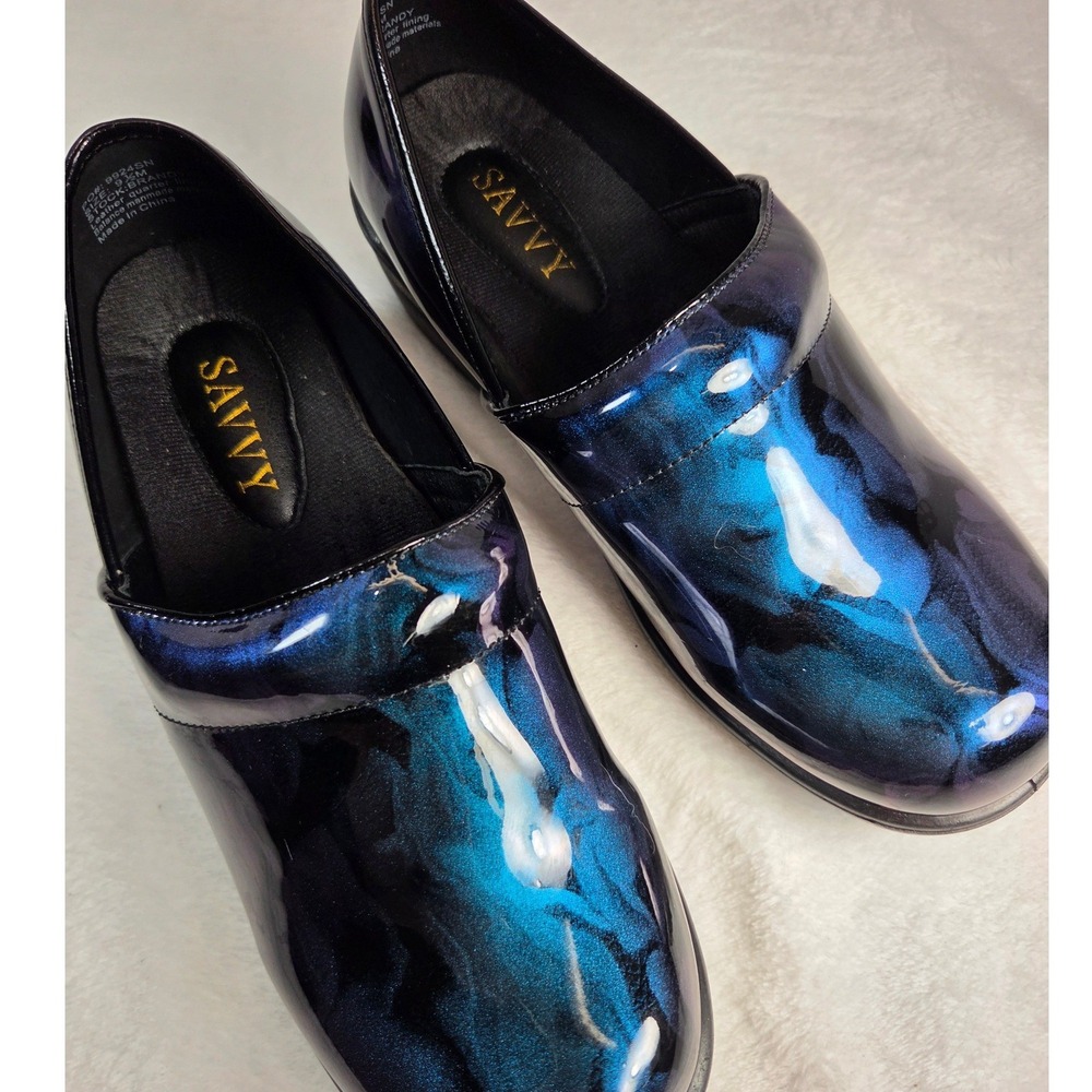 Clogs Nursing Shoes 9.5M Blue Purple Galaxy Slip-Resistant Savvy Support Wedge